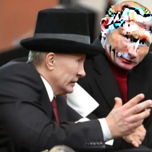 Image similar to putin wearing a black leather hat, facing the camera, cool looking