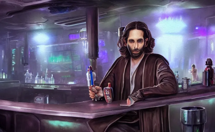 Image similar to a realistic star wars watercolor fantasy concept art of a drug dealer that looks like chris d'elia in a sleazy futuristic bar of coruscant, hq, 4 k