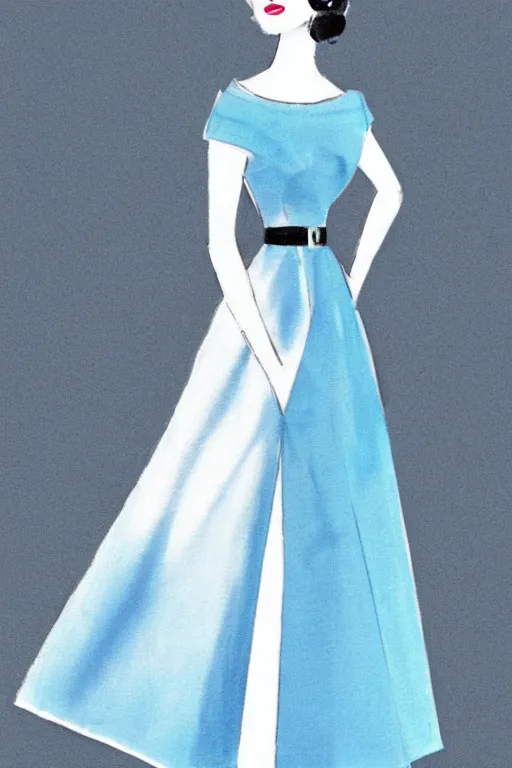 Image similar to an elegant fashion illustration of a beautiful blue 5 0 s outfit