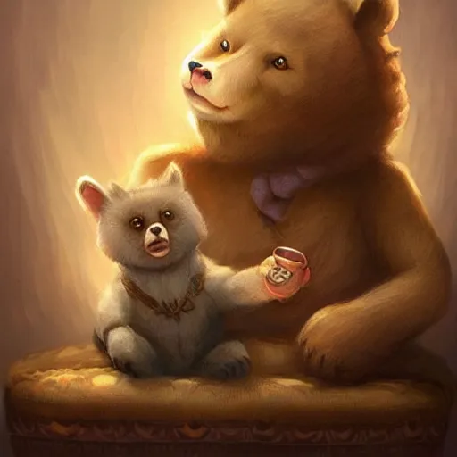 Image similar to bear and cat sitting in couch, cute and adorable, pretty, beautiful, fantasy painting, DeviantArt Artstation, by Jason Felix by Steve Argyle by Tyler Jacobson by Peter Mohrbacher, cosy atmoshpere