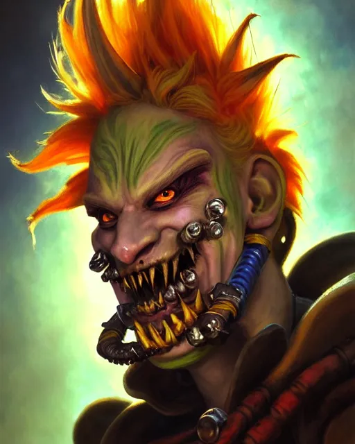 Image similar to junkrat from overwatch, slight smile, jester, fantasy, fantasy art, fantasy, colorful, elegant, character portrait, portrait, close up, highly detailed, intricate detail, amazing detail, sharp focus, vintage fantasy art, vintage sci - fi art, radiant light, caustics, by boris vallejo