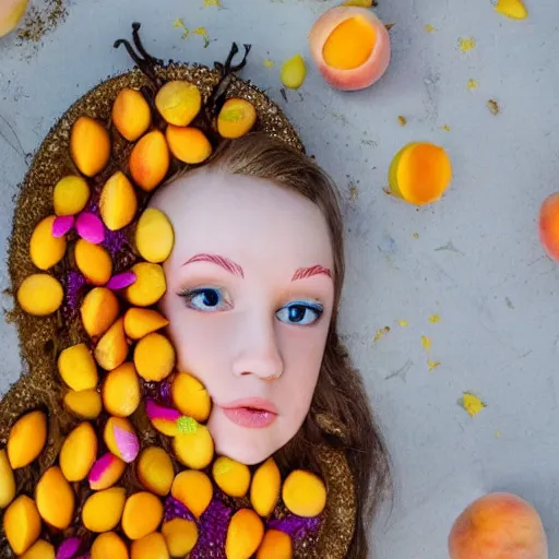 Image similar to beautiful photo of a fairy made of peaches, mangoes and sprinkles, dslr