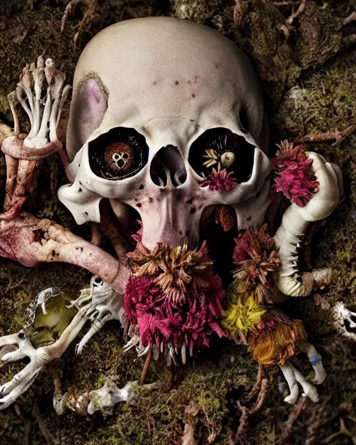 Prompt: a extremely disturbing horror photograph of a creature made out of rotten flowers and nature and fungus and bones, hyperrealism, sharp focus, cinematography, highly detailed, octane render, horror cgi 4 k, matte, photograph by professional photographer