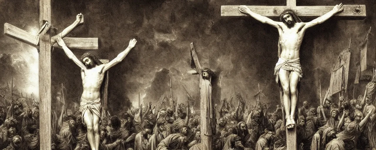 Prompt: the crucifixion of jesus christ, photorealistic, highly detailed, texture, soft light, dramatic, moody, ambient, painting by gustave dore