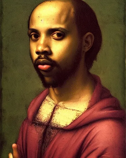 Prompt: renaissance painting of the rapper earl sweatshirt!!!, biblical character portrait, oil on canvas by leonardo da vinci