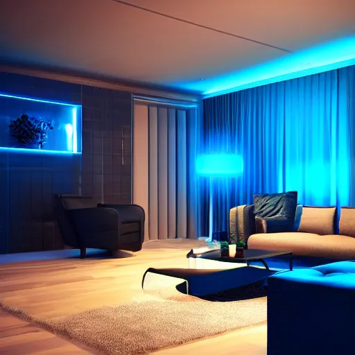 Prompt: futuristic looking living room, dark with blue neon lights, contrasted, octane render