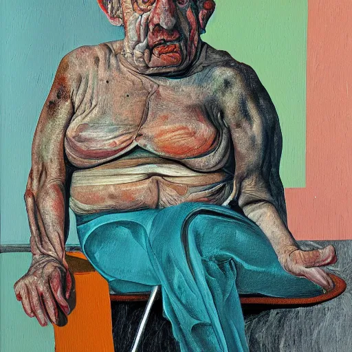 Prompt: high quality high detail painting of by lucian freud and francis bacon, hd, seated dark figure, turquoise and orange
