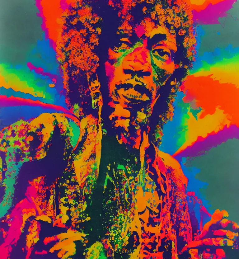 Prompt: colour portrait photography of jimi hendrix full body shot by annie leibovitz, colourful biomorphic opart temple, 8 k