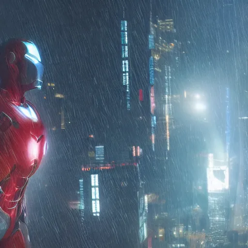 Prompt: A hyperdetailed photograph of Iron Man flying through the skies of a cyberpunk, futuristic city, night, dense fog, rain, HD, 8K resolution