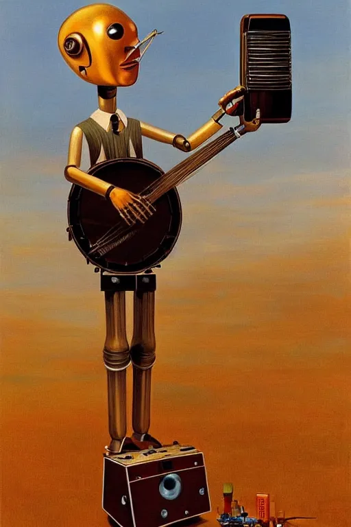 Prompt: country bumpkin robot, playing a banjo, standing on a speaker, high detail, style of salvador dali, painting by rene magritte, trending on artstation, cyberpunk, style of michael cheval, hyper realistic, s, 8 k