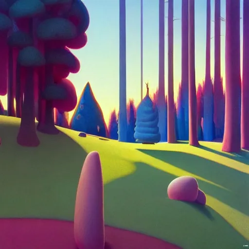 Prompt: pop-surrealist landscape painting, octane render, unreal engine, trees and pines everywhere, very nice pastel colors, lights and shadows, glowing hot sun, very coherent, Houdini algorithmic generative art, painted by Edward Hopper, Wayne Barlowe, painted by James Gilleard, airbrush, art by JamesJean