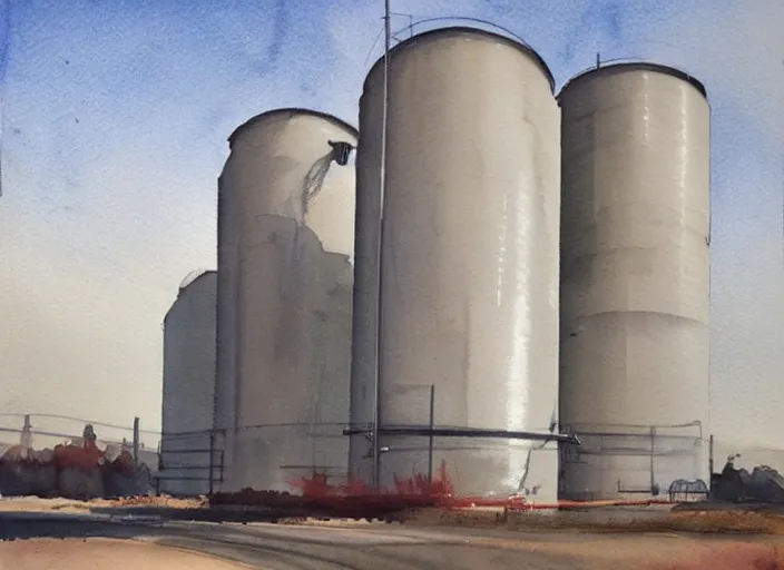 Image similar to concept art of a industrial complex silos, pinterest, artstation trending, behance, watercolor, by coby whitmore, silver, laser light,