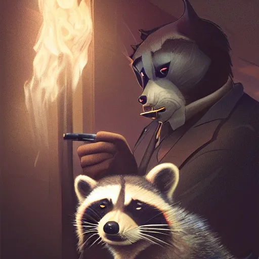 Image similar to a racoon wearing a suit smoking a cigar, dramatic lighting, cinematic, establishing shot, extremly high detail, photorealistic, cinematic lighting, artstation, style by James Gurney