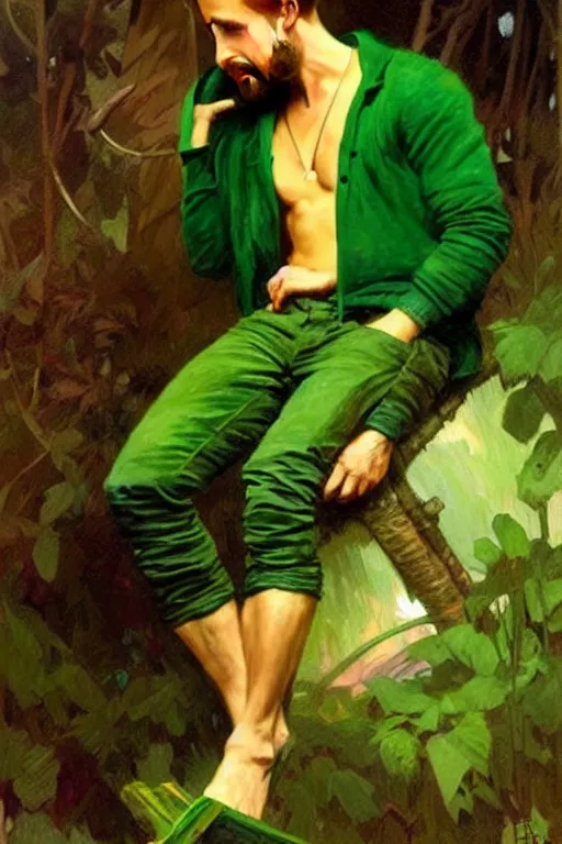 Image similar to Ryan Gosling wearing green clothes, muscular, fantasy, painting by greg rutkowski and alphonse mucha