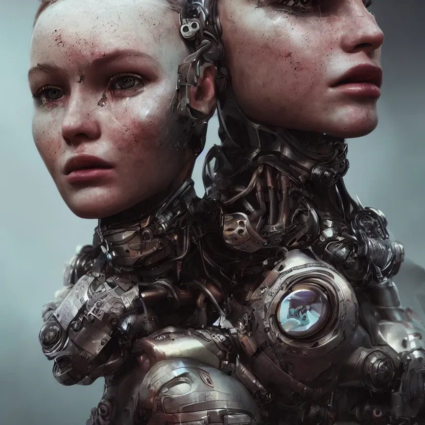 Image similar to hyperrealistic mixed media photo of a cyborg girl, dim volumetric lighting, 8 k octane beautifully detailed render, post - processing, portrait, epic composition, cinematic lighting, masterpiece, trending on artstation, very very detailed, stunning