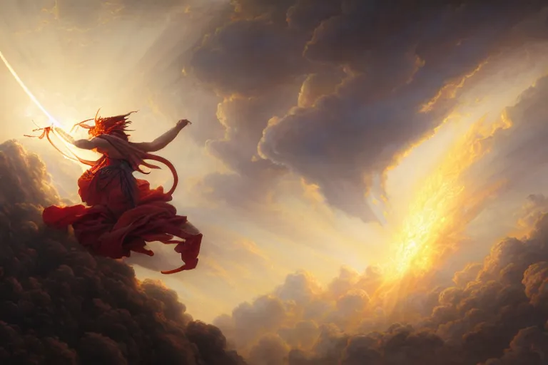 Image similar to god striking upon the earth from the heavens, powerful angels, godly powers, higher power, jesper ejsing, james jean, justin gerard, tomasz alen kopera, cgsociety, fenghua zhong, makoto shinkai, octane render, highly detailed, rim light, art, cinematic lighting, very coherent, hyper realism, high detail, 8 k