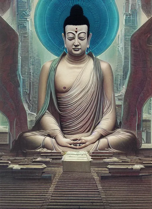 Prompt: a beautiful matte painting portrait of the cyberpunk buddha, by wayne barlowe