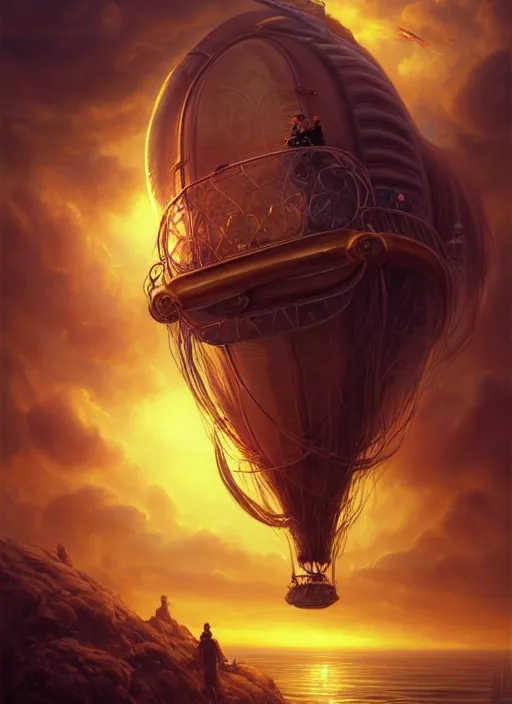 Prompt: portrait painting of a handsome face rugged long hair crimson hair male pirate, top half portrait soft hair steampunk ornate zeppelin blimp airship in the background sky sunset golden hour fantasy soft hair trending on artstation deviantart book cover art dramatic volumetric lighting art by stephan martiniere wlop greg rutkowski gaston bussiere