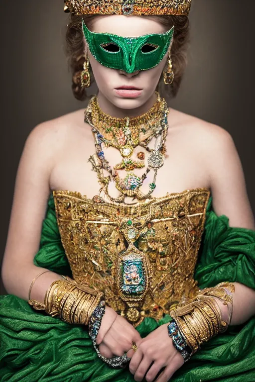 Image similar to beautiful very detailed portrait of a young princess with lots of jewelry and an Ultra Lux jade mask, full body, in the background there is a minimalistic throne, digital art , photos by Annie Leibovitz, moody, models by 500px, dramatic cinematic lighting rendered by octane, 8k, detailed, intricate, clean and textures, trending on artstation, deviantart google images, pinterest