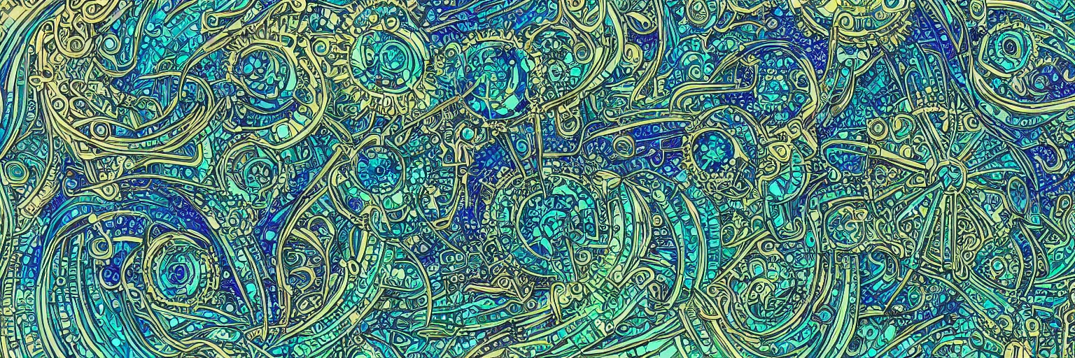 Prompt: shades of blue and green forming art nouveau explosions, vivid colors, intricate, ornate, circuitry, gears, sparkle, extremely hyperdetailed line art, sharp focus