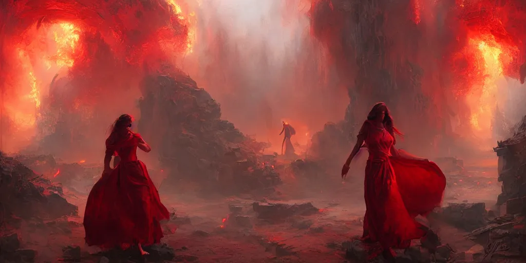 Image similar to woman in red opening a portal to hell in a village, beautiful composition, wide angle, colorful, cinematic, volumetric lighting, intricate details painting, by art germ, by greg rutkowski