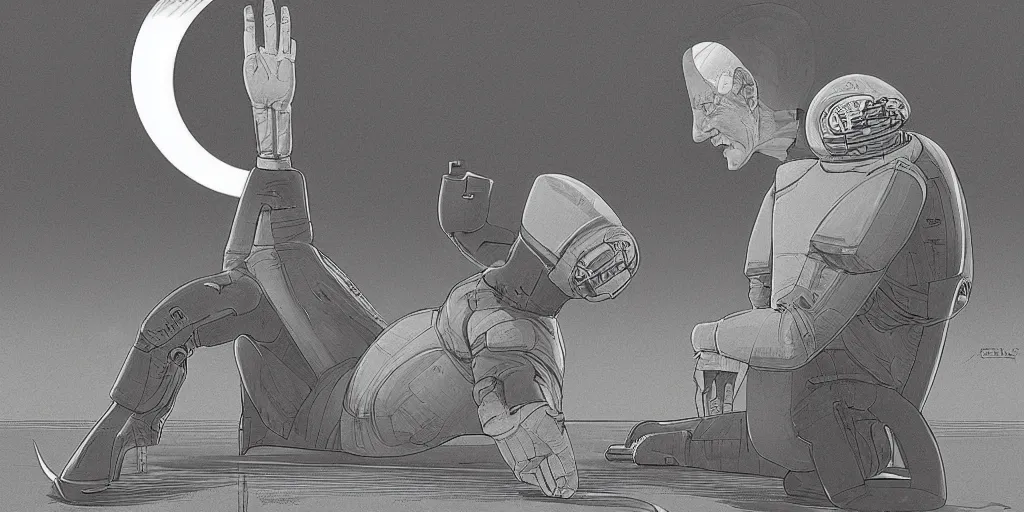 Prompt: Android Mark Zuckerberg bent in a weird angle, Dan McPharlin, Ralph McQuarrie