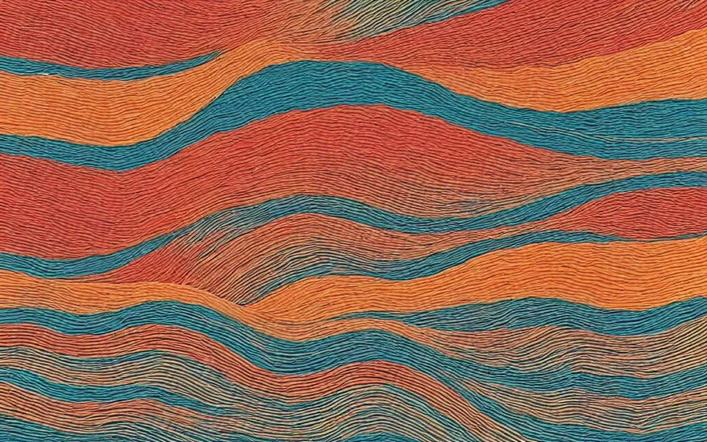 Image similar to a beutiful sunset on a beach, fractal waves. japanese embroidery. retro minimalist art by jean giraud.