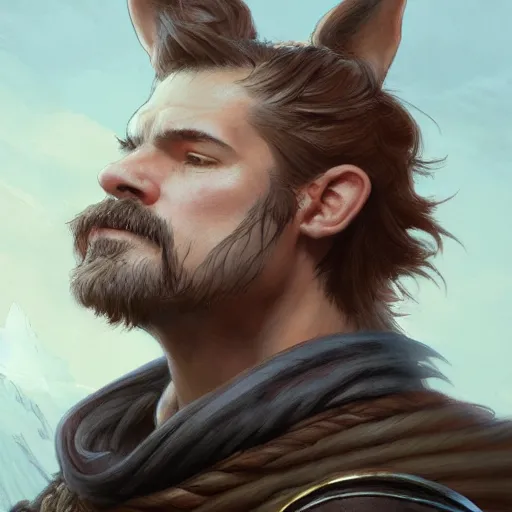 Image similar to portrait of a young, ruggedly handsome swordsman with a corgi head, soft hair, muscular, half body, leather, hairy, d & d, fantasy, intricate, elegant, highly detailed, digital painting, artstation, concept art, smooth, sharp focus, illustration, art by artgerm and greg rutkowski and alphonse mucha