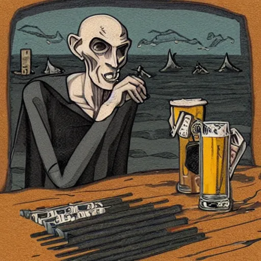 Prompt: portrait of nosferatu lying on the beach, aside a table with beer garlic cigarettes,