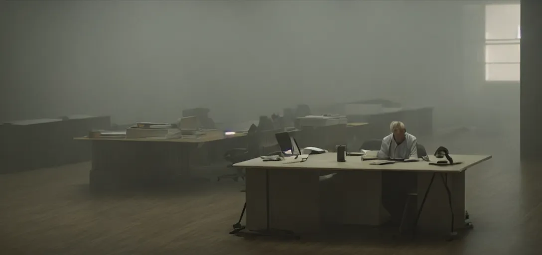 Image similar to an isolated man working at his desk, foggy, cinematic shot, photo still from movie by denis villeneuve, wayne barlowe