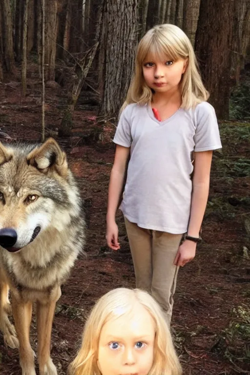 Image similar to young seven year old, blond hair green eyes ; girl, rinding a gray wolf, in a dark forest, pixar