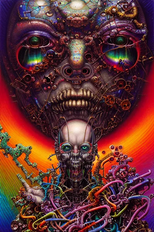 Prompt: realistic detailed image of ultra wrathful rainbow metallic mechanical nightmare scientist god action horror by lisa frank, john martin, ayami kojima, amano, karol bak, greg hildebrandt, and mark brooks, neo - gothic, gothic, rich deep colors. beksinski painting, part by adrian ghenie and gerhard richter. art by takato yamamoto. masterpiece