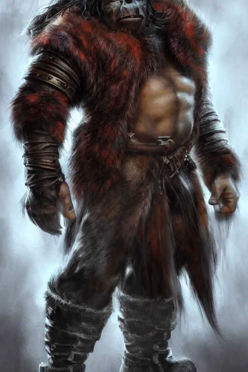 Image similar to A full body shot of a handsome orc!!! looking into the camera wearing a leather fur jacket and boots, full body shot, detailed face, portrait, artstation, realistic, highly detailed, symmetrical, D&D, Dungeons & Dragons, hyper realistic, dynamic pose, high detail, octane render, unreal engine, 8k, fantasy art, highly detailed, dramatic lighting, concept art