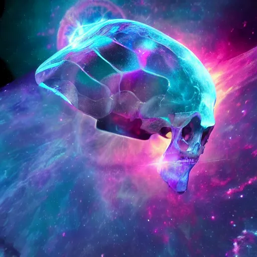 Prompt: dramatic render of a crystal leopard skull flying through a space nebula, cgsociety, artstation, 4k