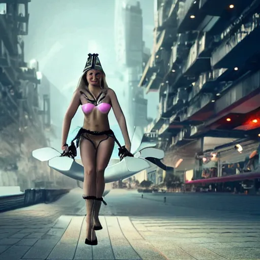 Prompt: A photograph of a female viking in bikini armor riding a hoverbike through a futuristic city