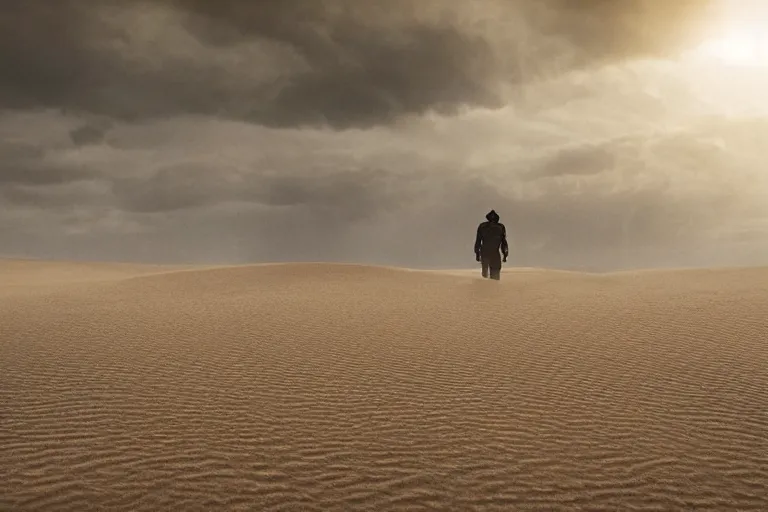 Prompt: a cinematic wide angle shot of a man in his early twenties, in the 2 0 2 1 movie dune, the sand is in the form of a wave, stormy weather, dry, film still, cinematic, dramatic lighting, by zack snyder