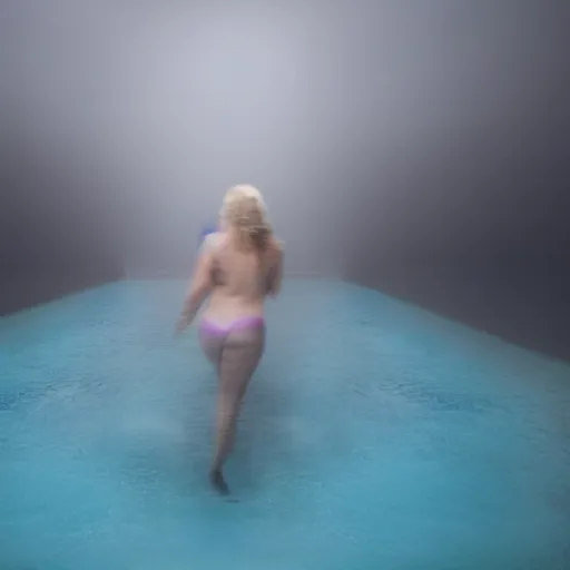 Prompt: photo of a woman emerging an endless pool of gravy in a blue fog. Motion blur.