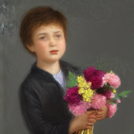 Image similar to a young boy is holding a bouquet of flowers, a pastel by bourgeois, pixabay, art & language, stockphoto, vray