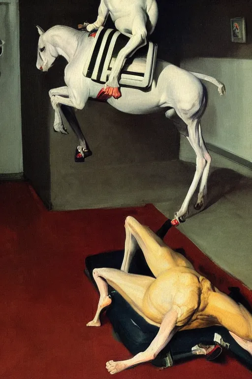 Prompt: fetish game dominantrius dressed as a horse sits on the back of a man dressed as an astronaut, highly detailed painting by francis bacon, edward hopper, adrian ghenie, gerhard richter, and james jean soft light 4 k,