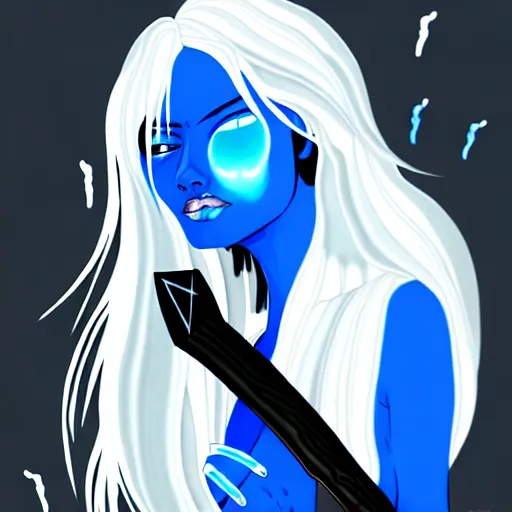 Image similar to A woman with long white hair, and bright blue skin, holding and axe with black mold dripping off it, professional art, trending on artstation