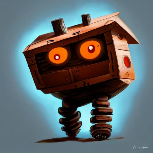 Image similar to a walking cute wood house with two mechanical legs and two glowing eyes and a mouth, rust, hyperrealistic, pareidolia, highly detailed, cinematic, single ray of sun, fog, beautiful, cgssociety, artstation, 8 k, oil painting