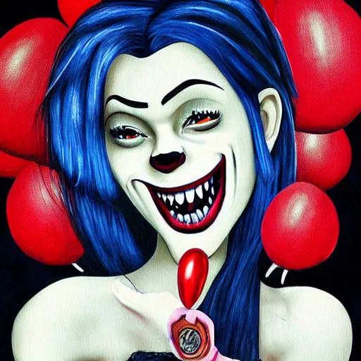 Image similar to grunge cartoon painting of kylie jenner with a wide smile and a red balloon by chris leib, loony toons style, pennywise style, corpse bride style, horror theme, detailed, elegant, intricate