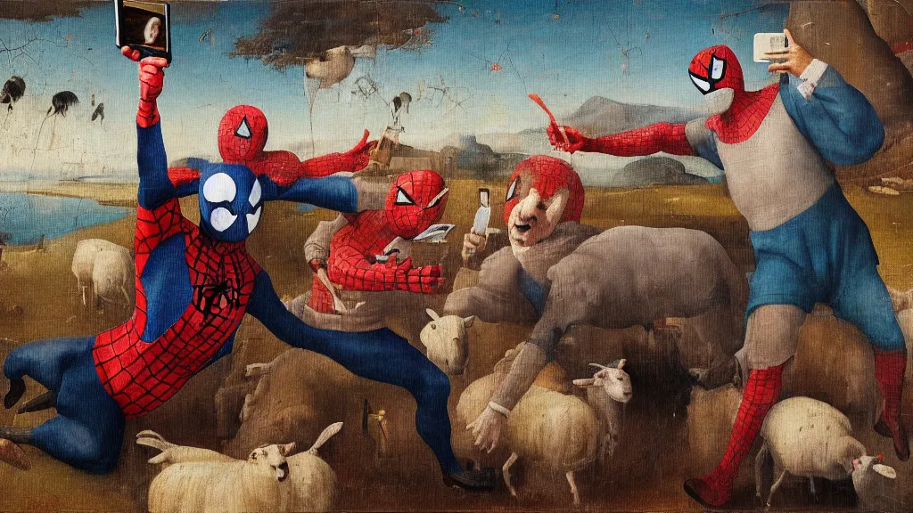 Image similar to A butcher and sheep wearing a spiderman costume taking a selfie smiling, in the fashion of Hieronymus Bosch, oil on canvas, painting, 4k, wide shot