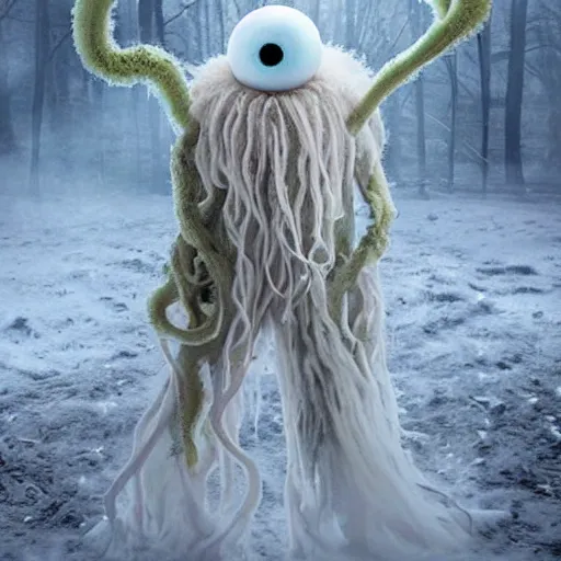 Prompt: a cute but unnerving fluffy humanoid ethereal ghost like live action muppet wraith like alien figure with a squid like parasite taking over its head and four long tentacles for arms that flow gracefully at its sides like a cloak while it floats around the frozen woods searching for lost souls and that hides amongst the shadows in the trees, this character can control the ice and snow and has mastery of the shadows, it is known as the bringer of nightmares, it is a real muppet by sesame street, photo realistic, real, realistic, felt, stopmotion, photography, sesame street