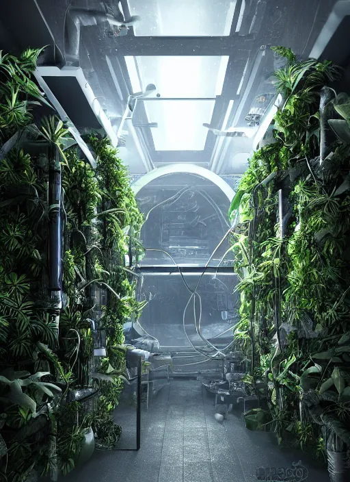 Image similar to secret Military lab, tropic plants growing inside cryo chambers connected with cable, photo realistic, realistic, cinematic, establishing shot, extremly high detail, cinematic lighting, concept art, matte painting, denoise