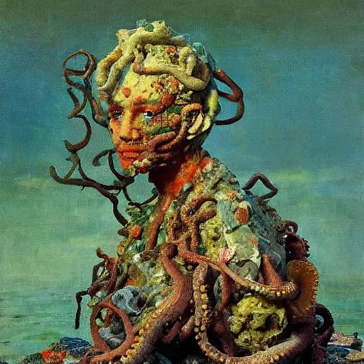 Image similar to a sculpture portrait made of seaweed and coral and shells and octopus, painting part by wojciech siudmak, part by ilya repin, part by max ernst, part by norman rockwell, artstation