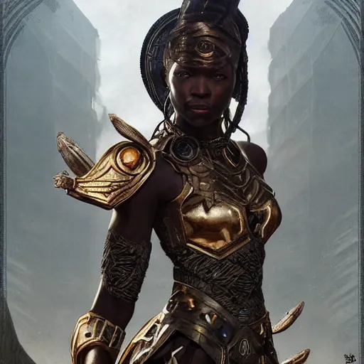 Image similar to wakandan warrior in steampunk style armor, ultra realistic, concept art, intricate details, eerie, horror, highly detailed, photorealistic, octane render, 8 k, unreal engine. art by artgerm and greg rutkowski and alphonse mucha