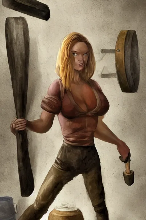 Prompt: female blacksmith, extremely burly. strawberry - blonde hair, many freckles. face resembles natalia vodianova, but she is built like a blacksmith : burly, broadshouldered, thicklimbed, kinda swole. she is fully clothed in her work clothes. she is very strong.