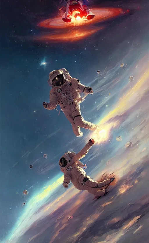 Image similar to a beautiful artwork illustration, astronaut flying around a galactic explosion, by greg rutkowski and jesper ejsing and raymond swanland, featured on artstation, wide angle, vertical orientation