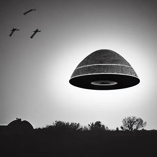 Image similar to a giant ufo flying towards a farmhouse, photography, 8 k, studio lighting,